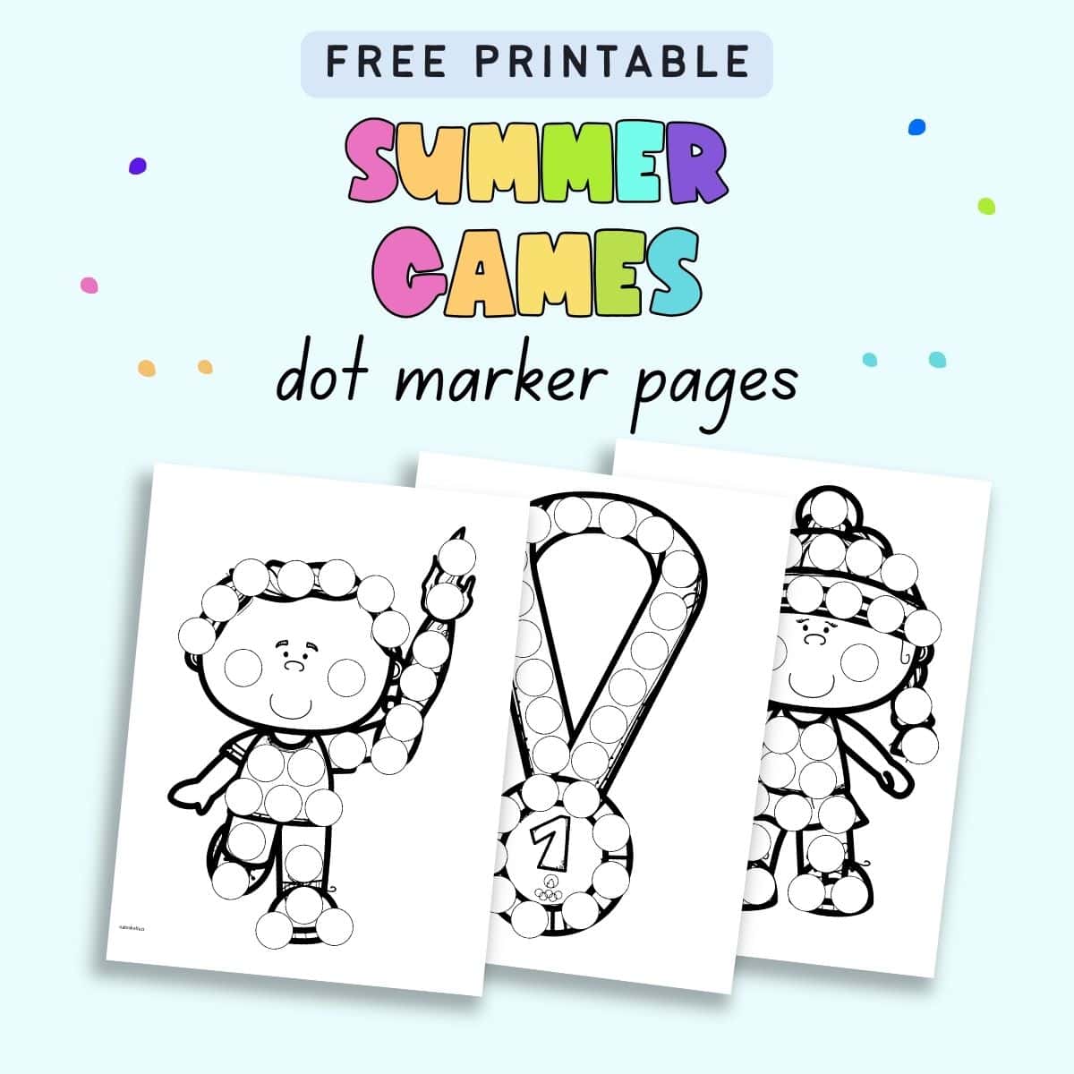 Text "free printable summer games dot marker pages" with a preview of three dauber marker coloring pages