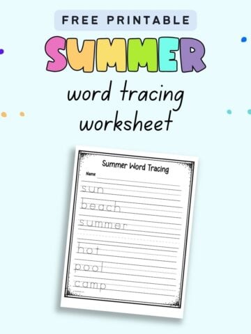 Text "free printable summer word tracing worksheet" with a preview of a worksheet with six summer words to trace