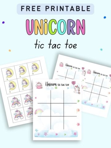Text "free printable unicorn tic tac toe" with a preview of two different sizes of tic tac toe boards and unicorn themed game pieces