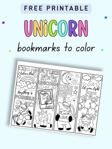 Text "free printable unicorn bookmarks to color" with a preview of a page with four unicorn coloring page bookmarks