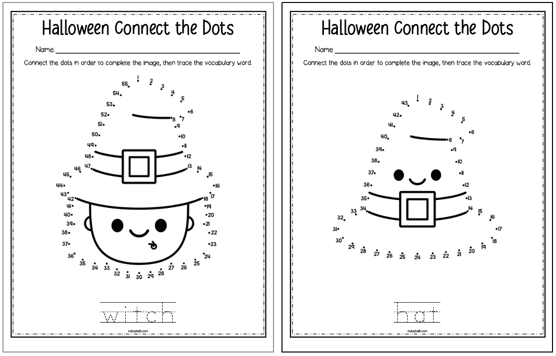 Two Halloween dot to dot pages. One has a witch and the other a witch's hat