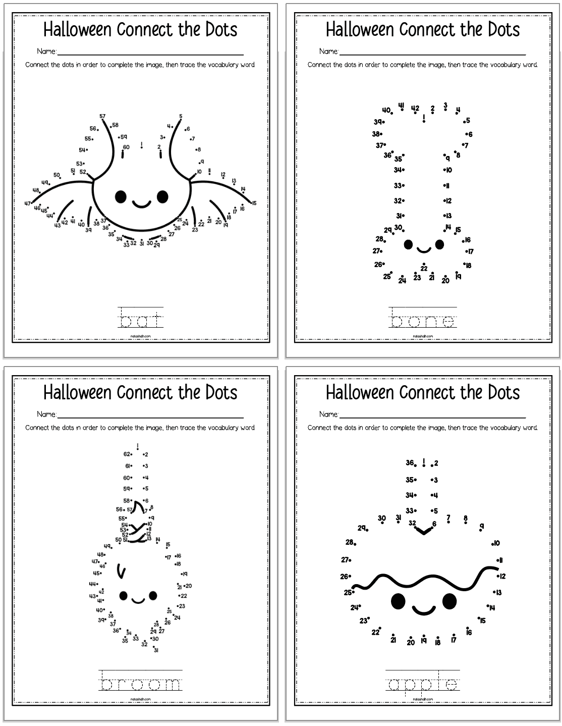 Four Halloween connect the dots pages with handwriting practice space. Images include: a bat, a bone, a broom, and an apple