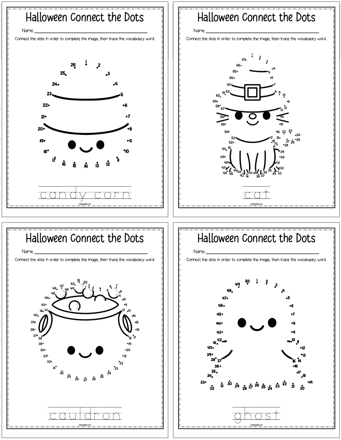 Four Halloween connect the dots pages with handwriting practice space. Images include: candy corn, a cat, a cauldron, and a ghost