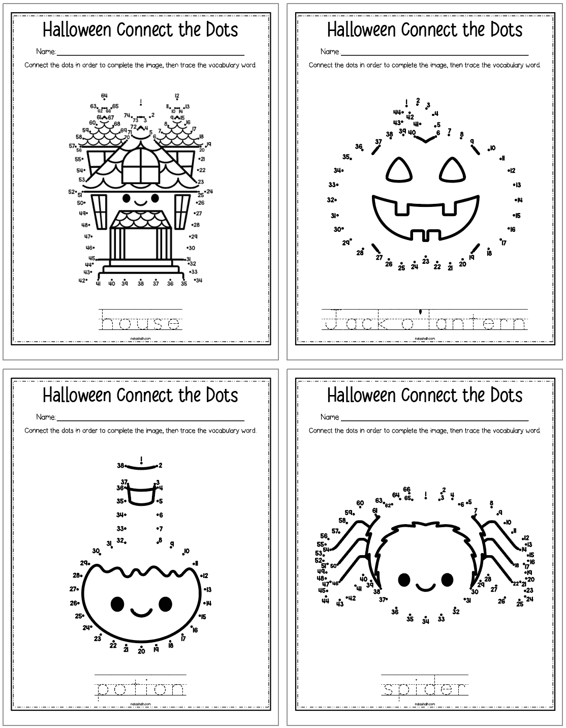 Four Halloween connect the dots pages with handwriting practice space. Images include: a haunted house, a jack o lantern, a potion, and a spider