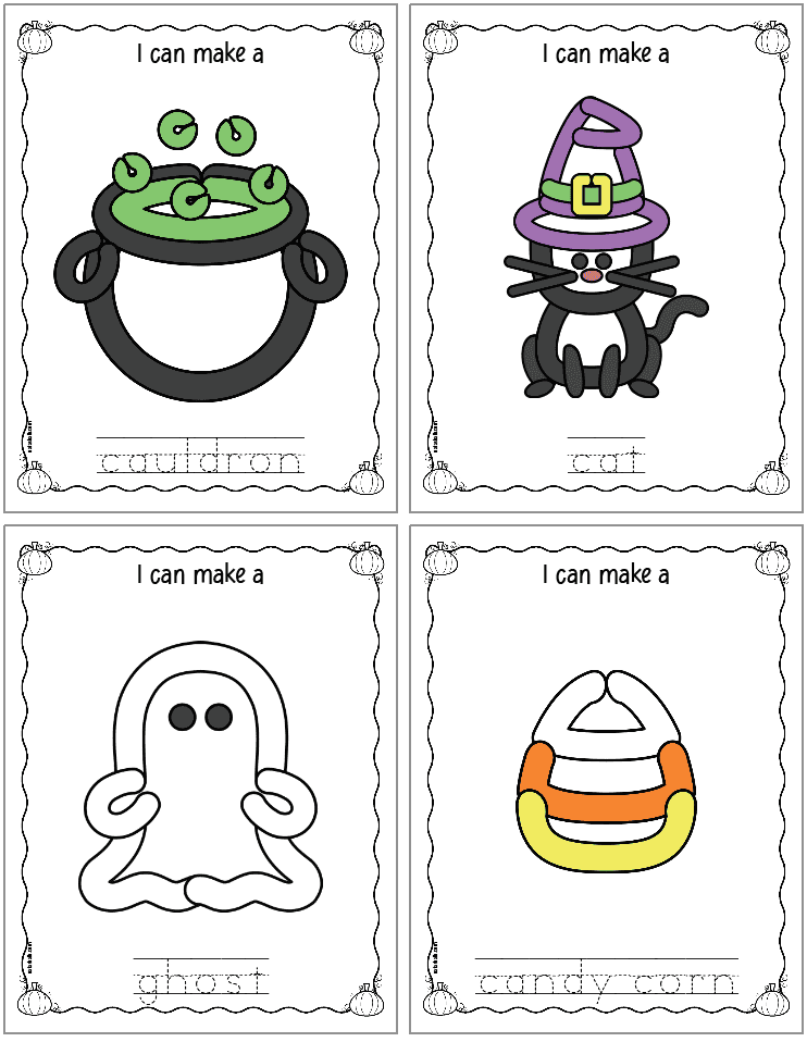 Four Halloween themed play dough mats. Images include: cauldron, cat, ghost, candy corn