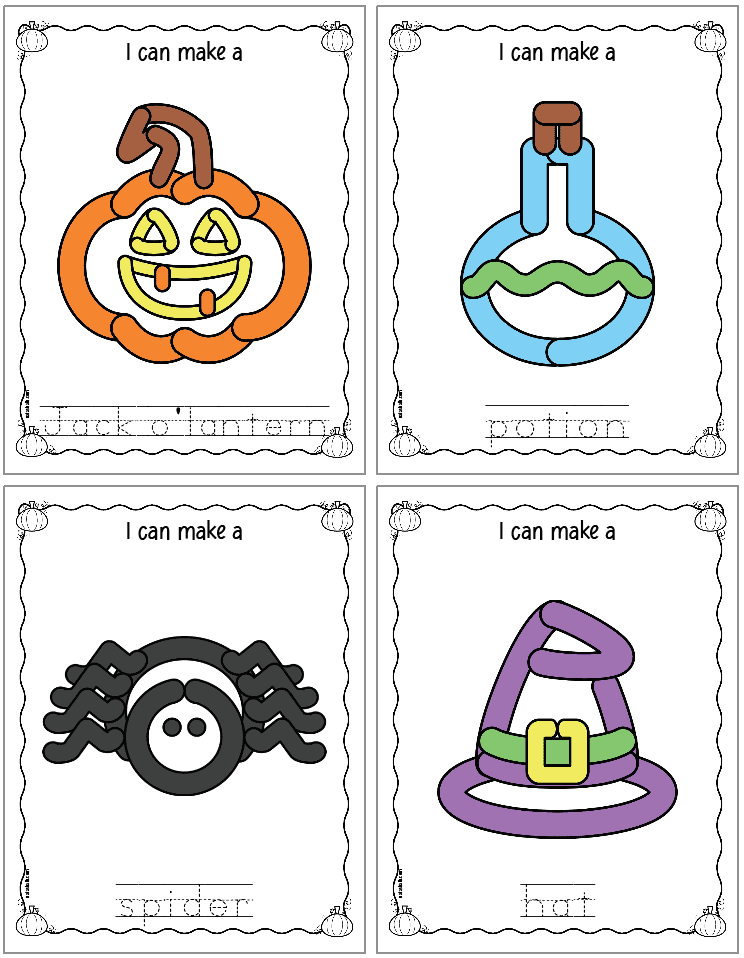 Four Halloween themed play dough mats. Images include: Jack o lantern, potions spider, witch