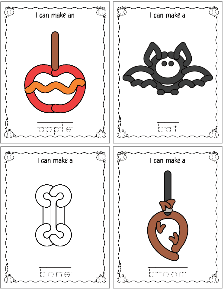 Four Halloween themed play dough mats. Images include: apple, bat, bone, and broom