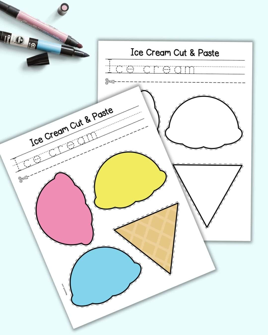 A preview of two pages of ice cream cut and paste craft. one is color and the other black and white.