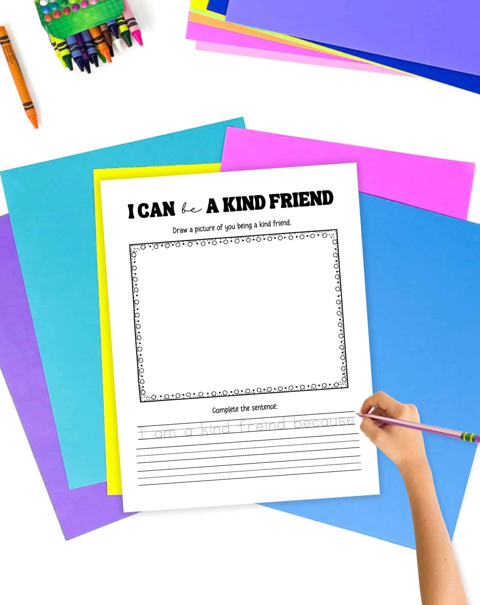 A friendship worksheet with space to draw and write about what makes the student a kind friend 