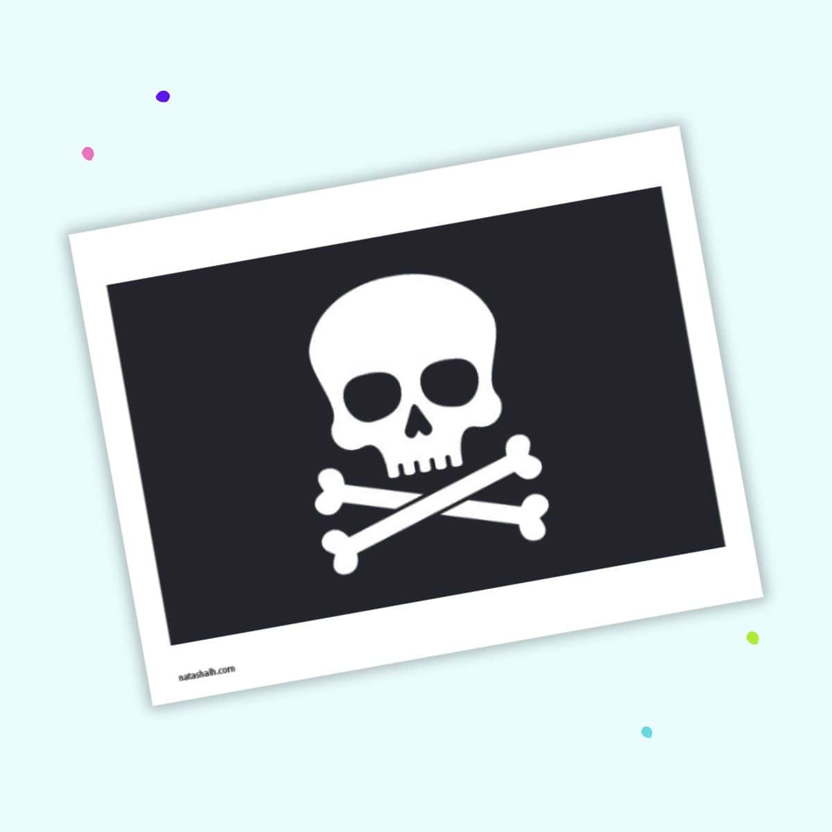 A large pirate flag with a skull and cross bones