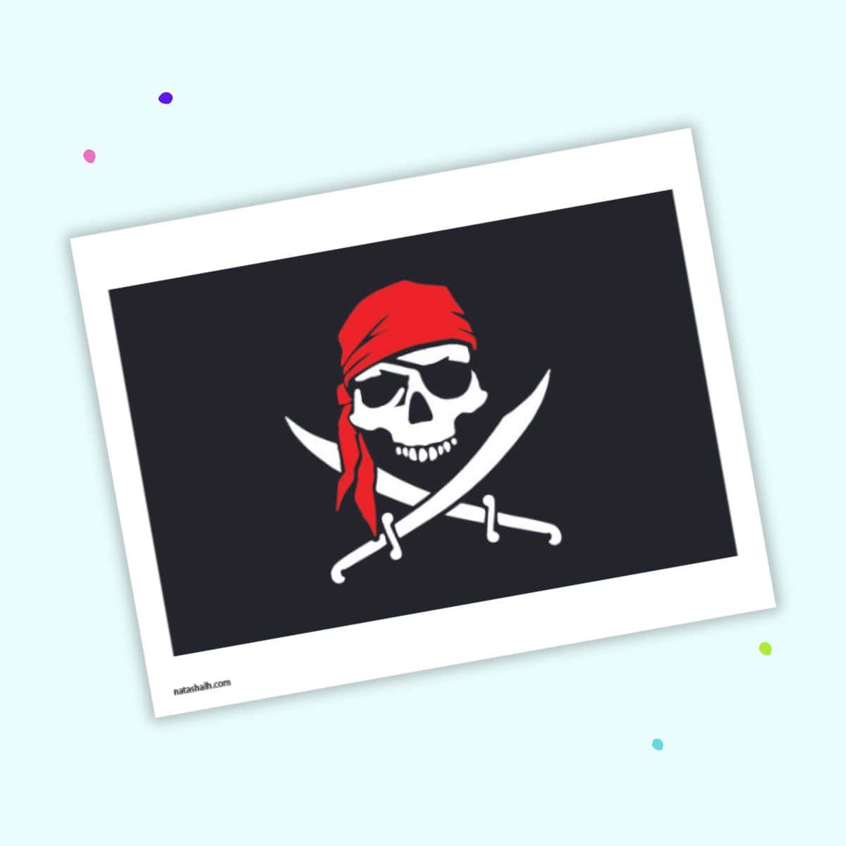 A large pirate flag with a skull and crossed cutlasses