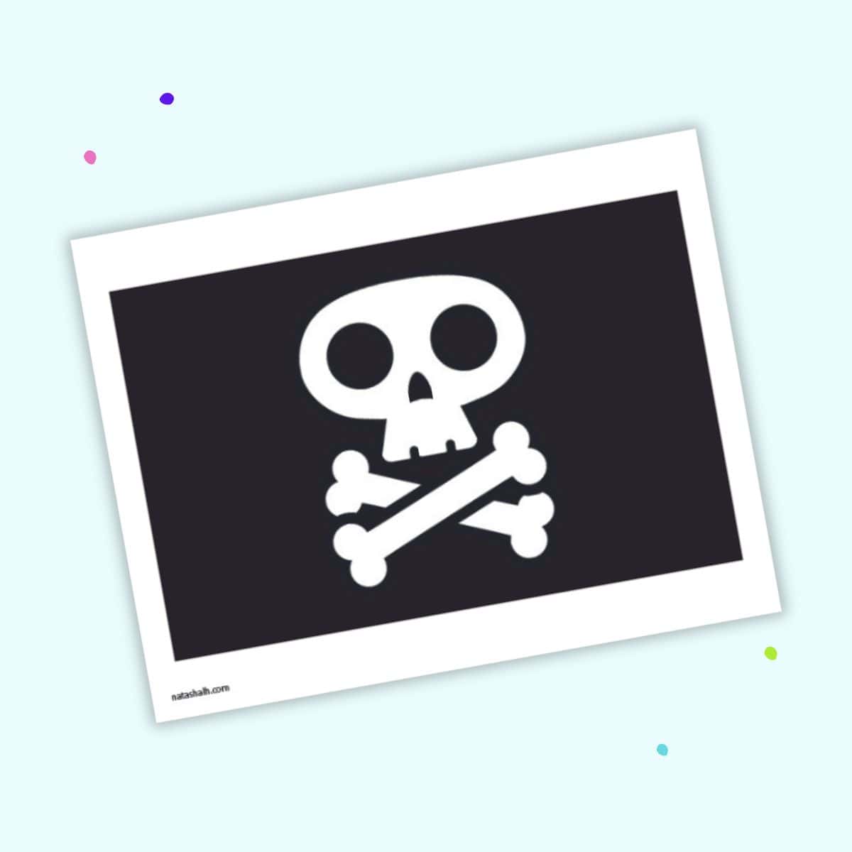 A large pirate flag with a cartoony skull and cross bones