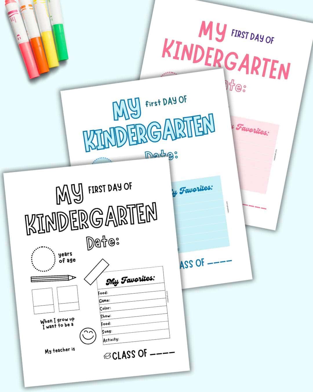 A preview of three pages of first day of kindergarten questionnaire. All pages are the same except for the color scheme. One is blue, one pink, and one black and white.