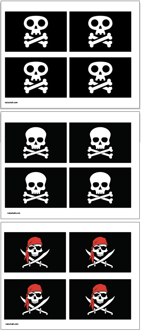 Three pages of printable pirate flags with four flags on each page