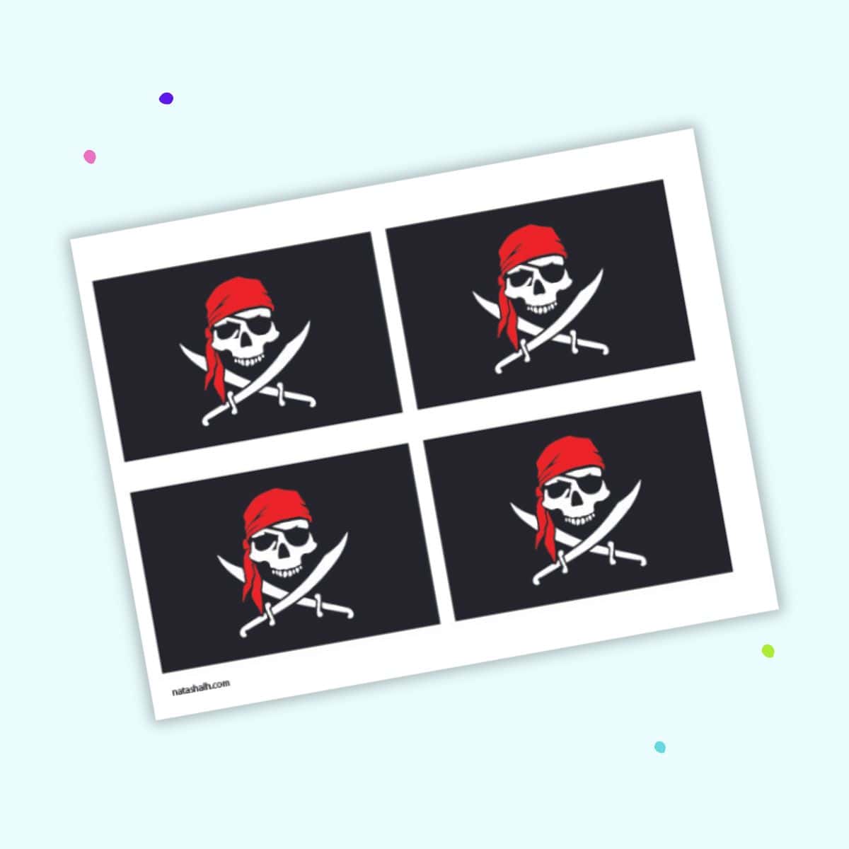 Four medium pirate flags with a skull and crossed cutlasses