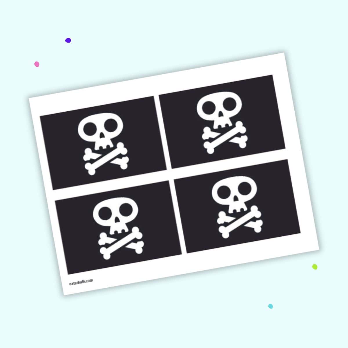 Four pirate flags with a cartoony skull and cross bones