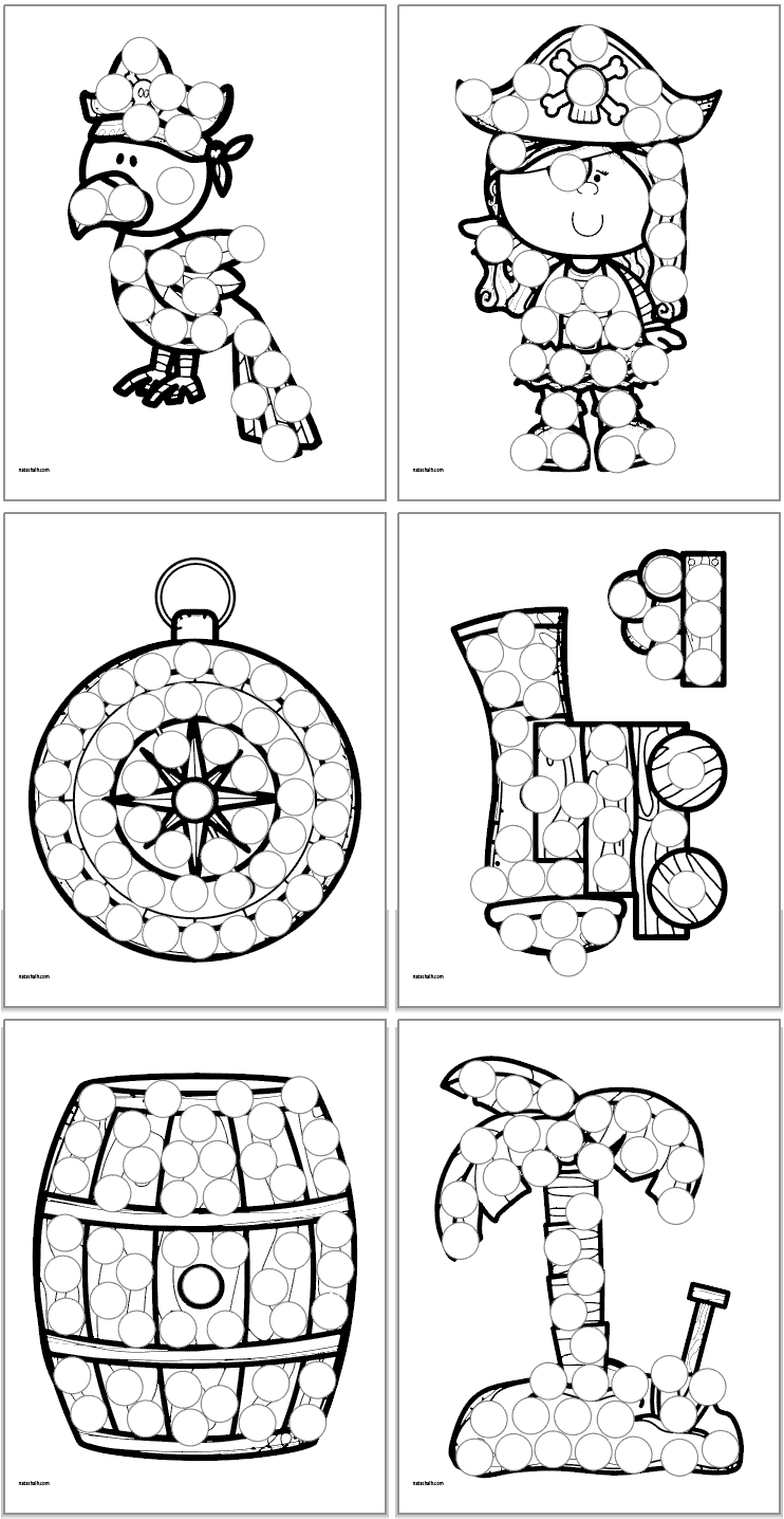 Six pirate themed dot marker coloring pages including: a parrot, a girl pirate, a compass, a cannon, a barrel, and a palm tree