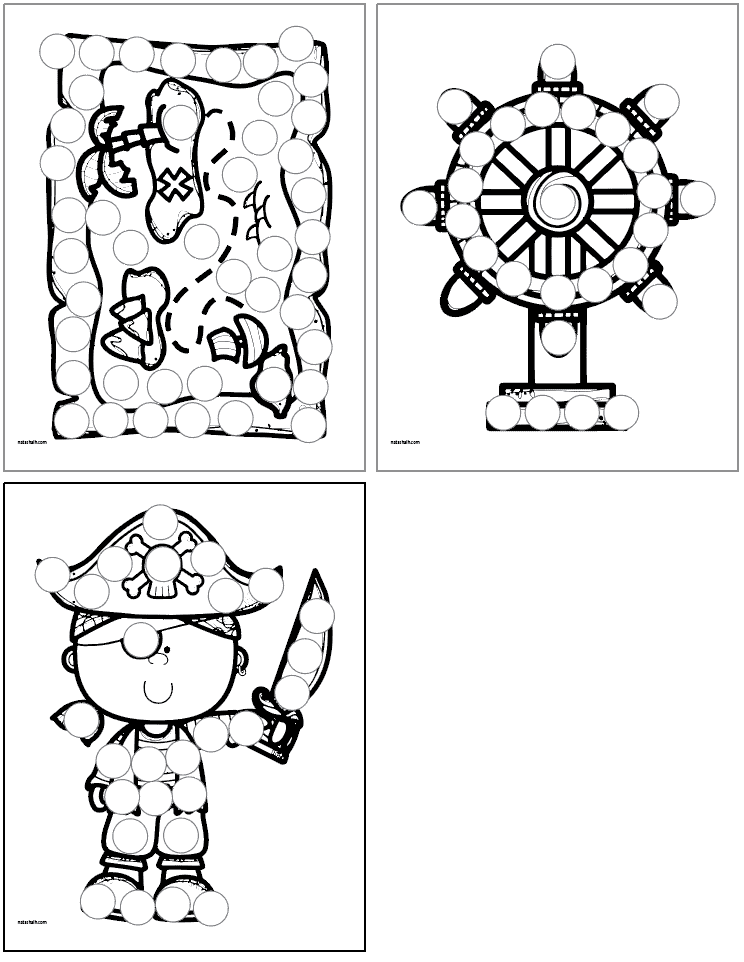 Three pirate themed dot marker pages including a treasure map, a ship's wheel, and a pirate boy with a cutlass