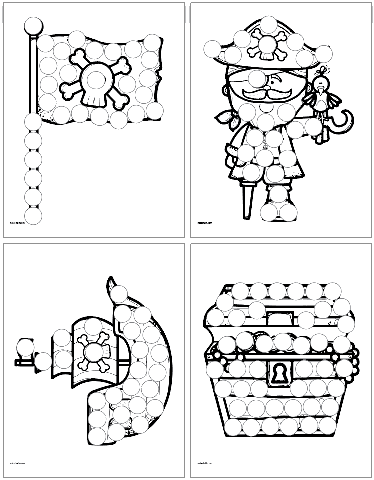 Four dot marker coloring pages including a pirate flag, a peg leg pirate, a pirate ship, and a treasure chest