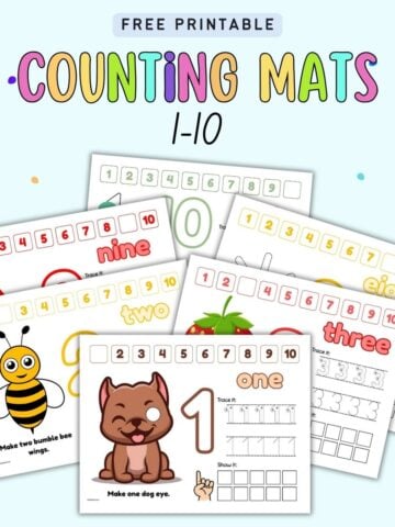 Text "free printable counting mats 1-10" with a preview of six number activity mats