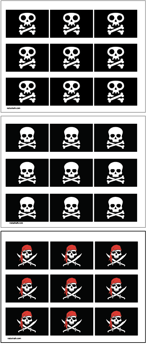 Three pages of printable pirate flags with nine small flags on each page