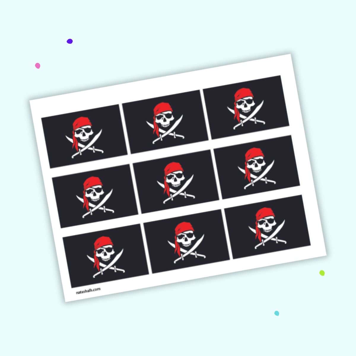 Nine pirate flags with a skull, crossed swords, and a red bandana