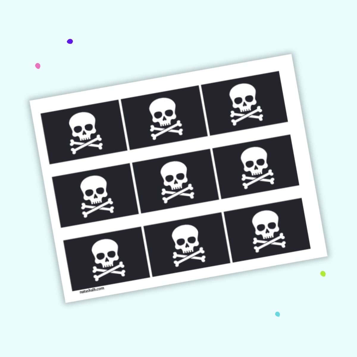 Nine pirate flags with a skull and cross bones