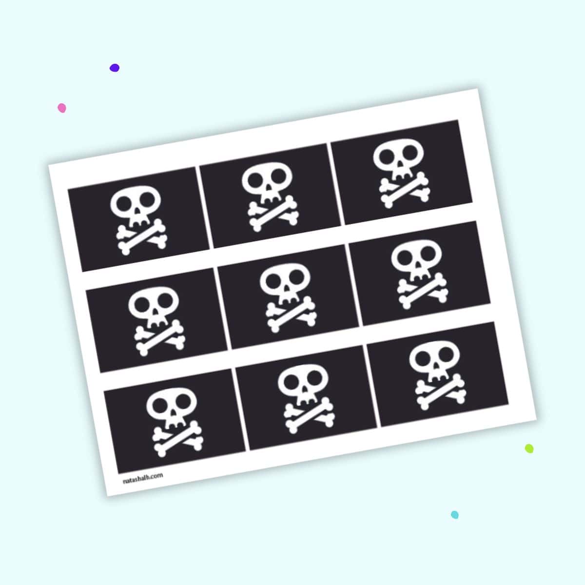 Nine pirate flags with a cartoony skull and cross bones