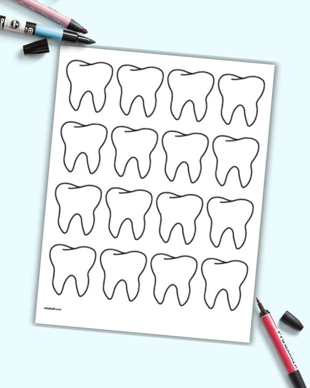 Sixteen small teeth templates on a single page  on a blue background