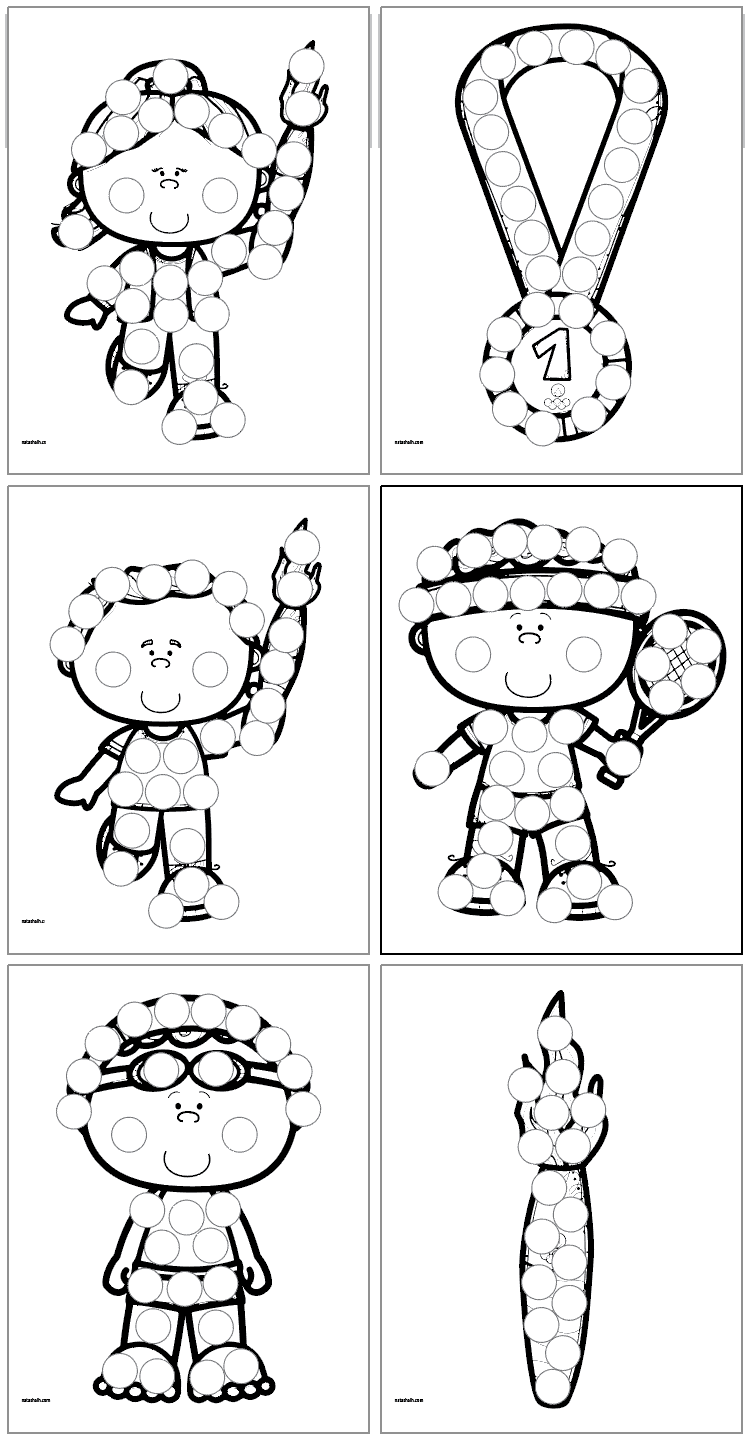 Six Summer Olympics themed dot marker coloring pages including: a female torch runner, a gold medal, a male torch runner, a male tennis player, a male swimmer, and a torch