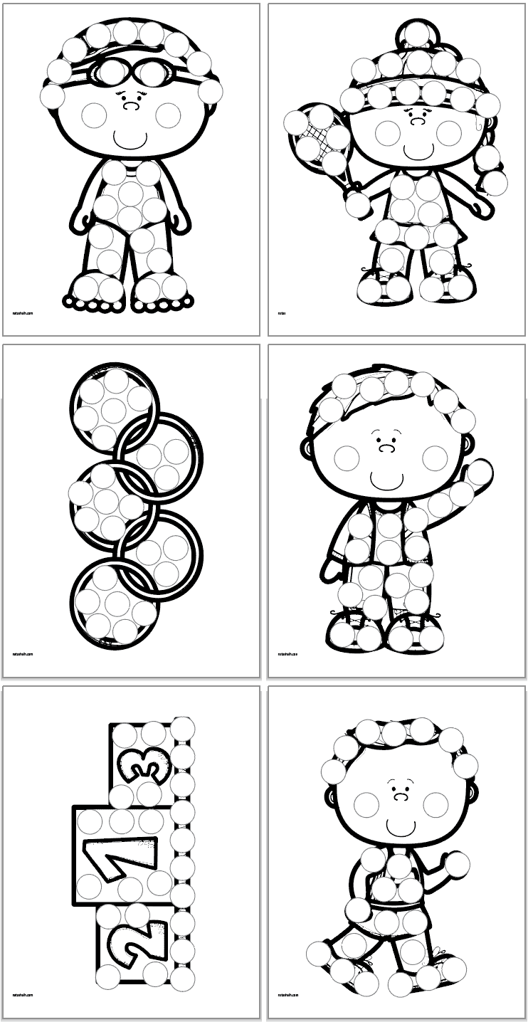 Six Summer Olympics themed dot marker coloring pages including: a female swimmer, a female tennis player, olympic rings, a boy sportscaster, a podium, and a boy runner