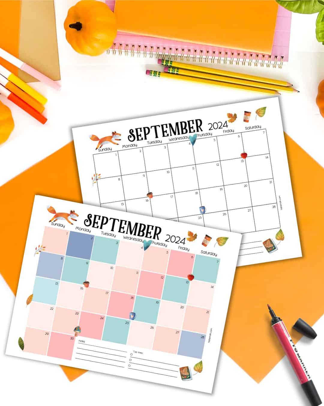 A top down view of two dated September 2024 calendar pages on a surface with orange papers, pencils,a and small pumpkins