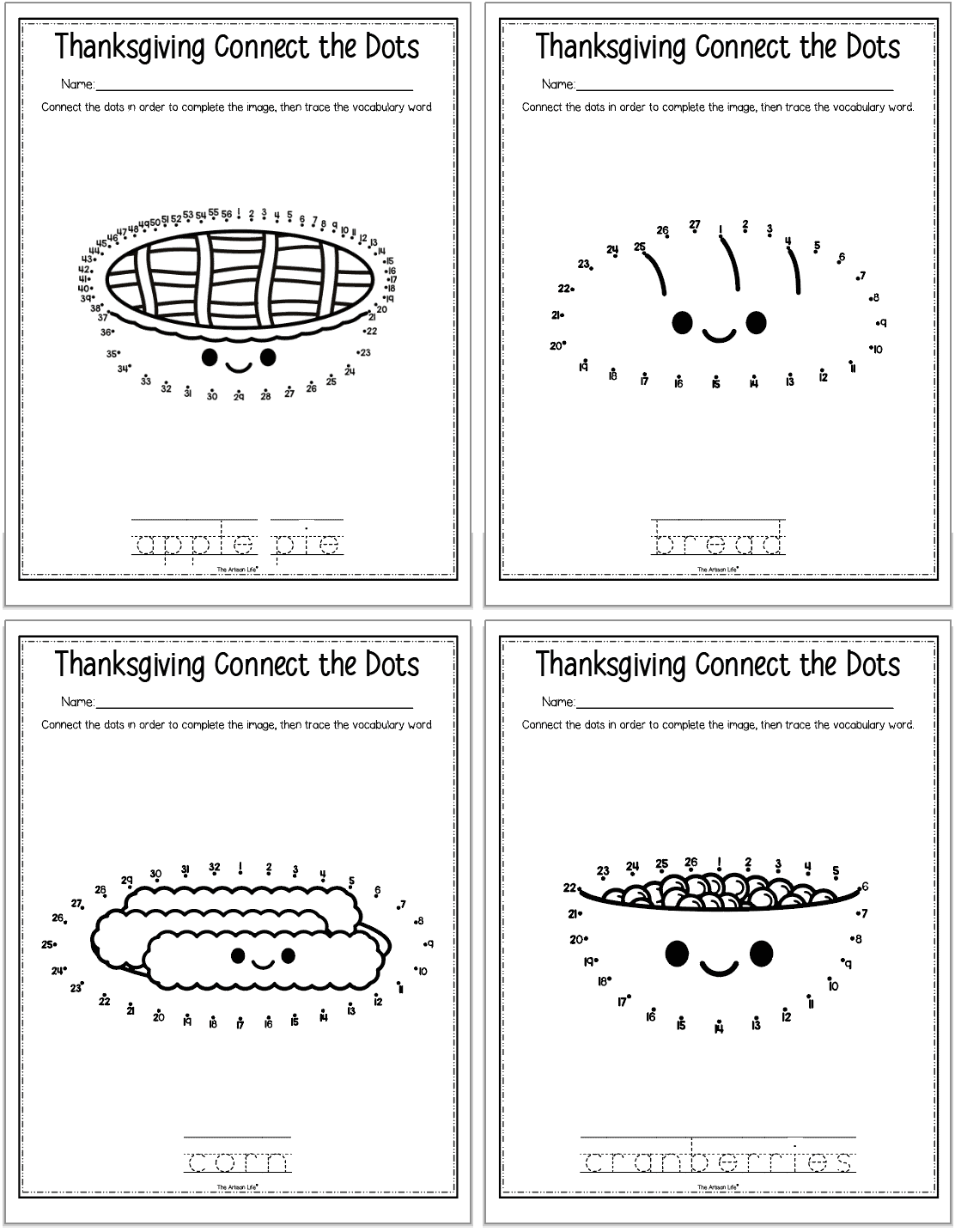 A preview of four Thanksgiving themed dot to dot pages including: apple pie, bread, corn, and cranberries