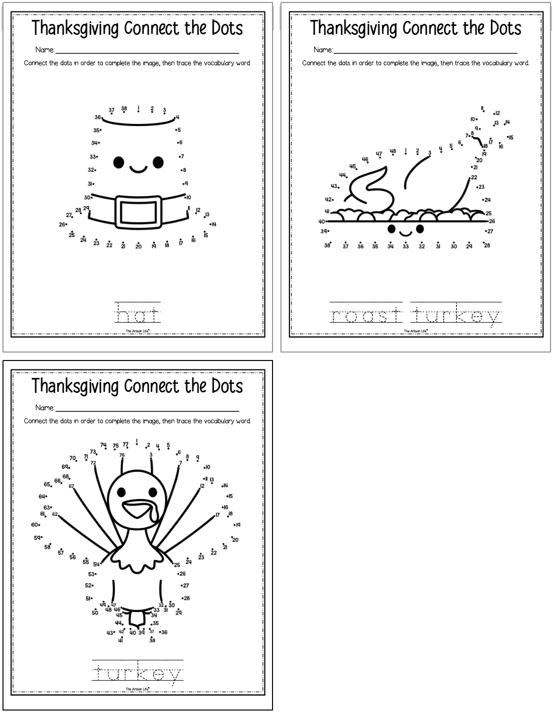 A preview of three Thanksgiving themed dot to dot pages including: a hat, a roast turnkey, and a turkey