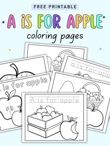 Text "free printable a is for apple coloring pages" with a preview of five apple coloring pages