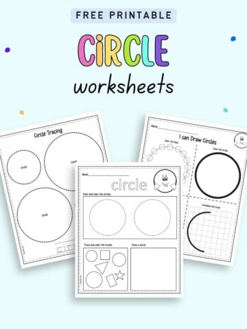 Text "Free printable circle worksheets" with a. preview of three worksheets for preschool and kindergarten students about circles