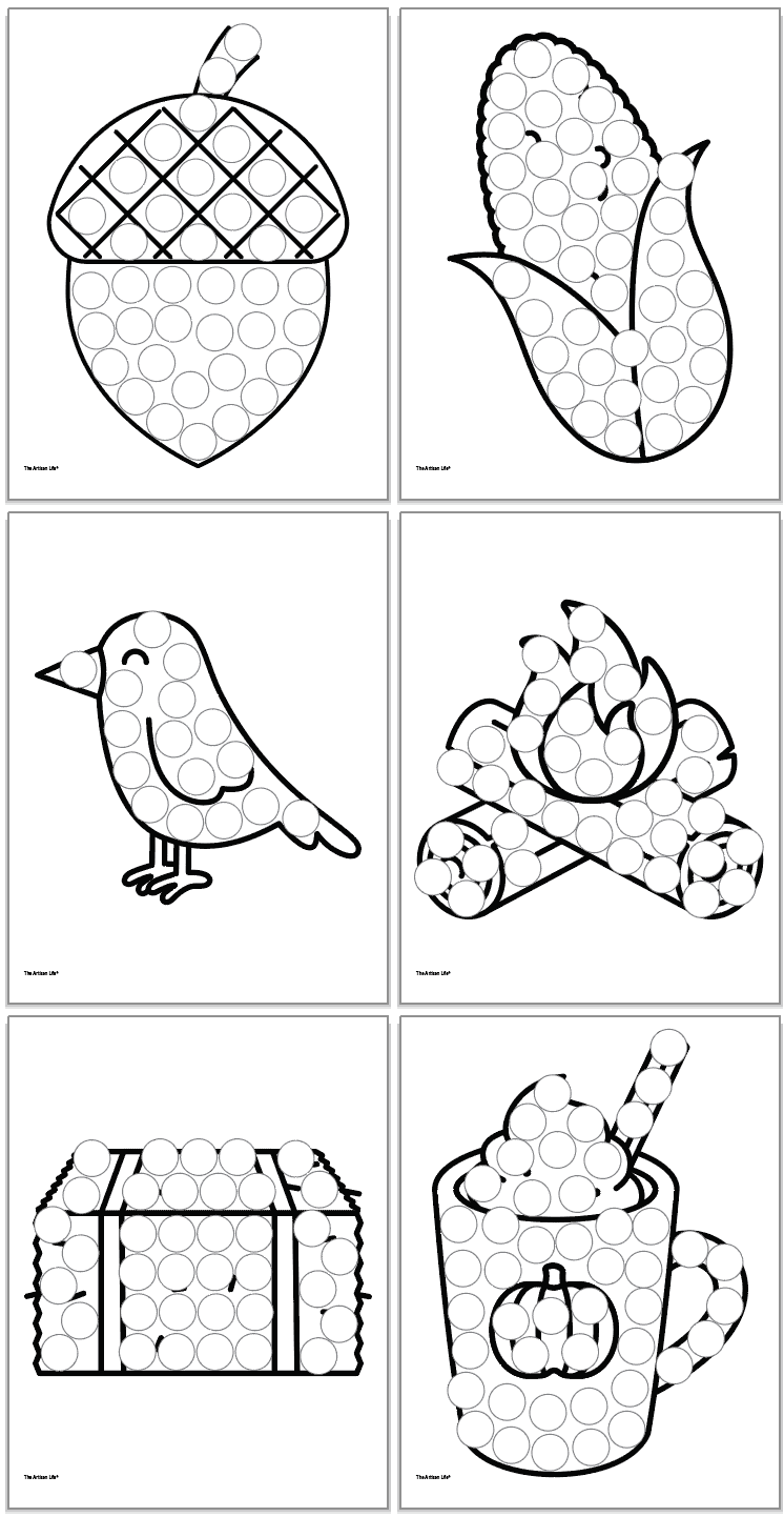 Six fall themed dot marker pages including: an acorn, corn, a crow, a fire, a hay bale, and hot chocolate with whipped cream