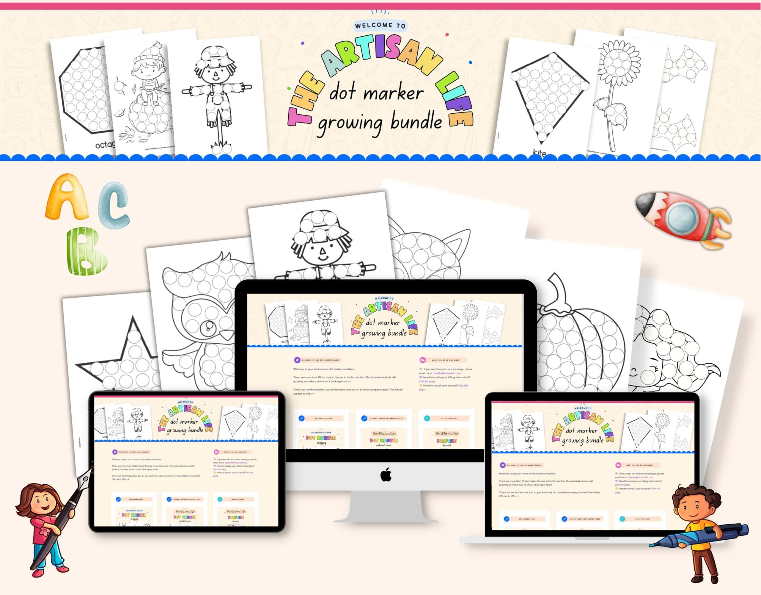 A mockup showing inside a membership site with a dot marker growing bundle. Pages show dot marker coloring pages and the download dashboard. 