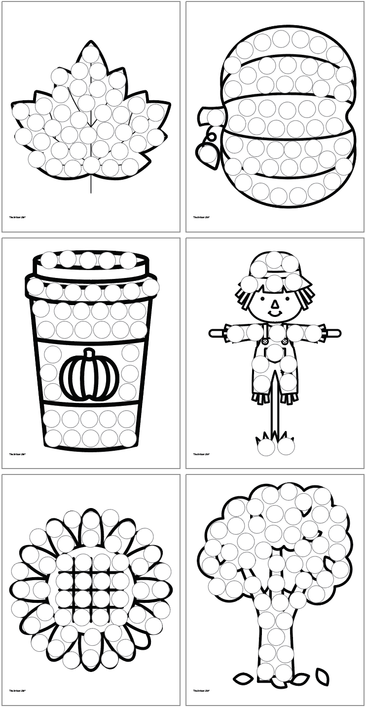 Six fall themed dot marker pages including: a leaf, a pumpkin, a cup of hot chocolate, a scarecrow, a sunflower, and a tree