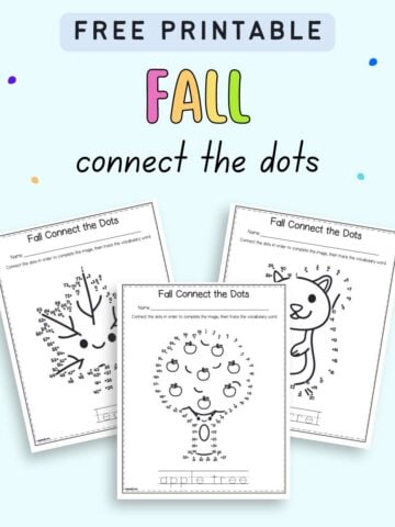 Text "free printable fall connect the dots" with a preview of three connect the dots images