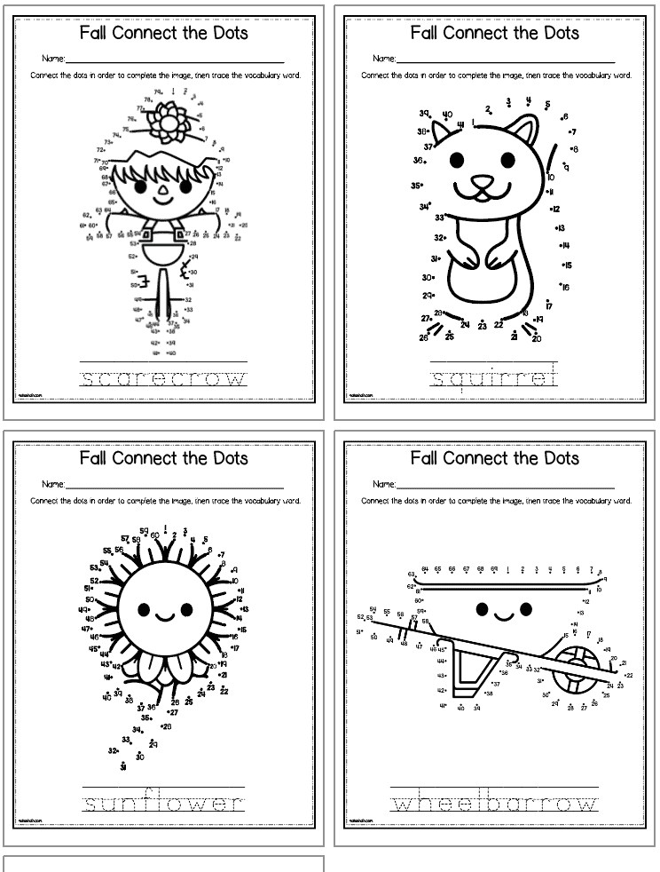 A preview of four connect the dots pages with a fall theme. Images include: scarecrow, squirrel, sunflower, and wheelbarrow