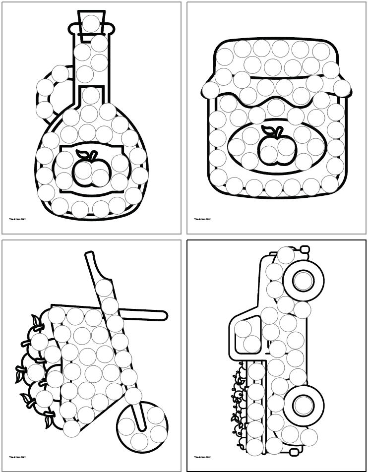 Four fall themed dot marker pages including: a jug of apple cider, apple butter, a cart full of apples, and a truck with apples