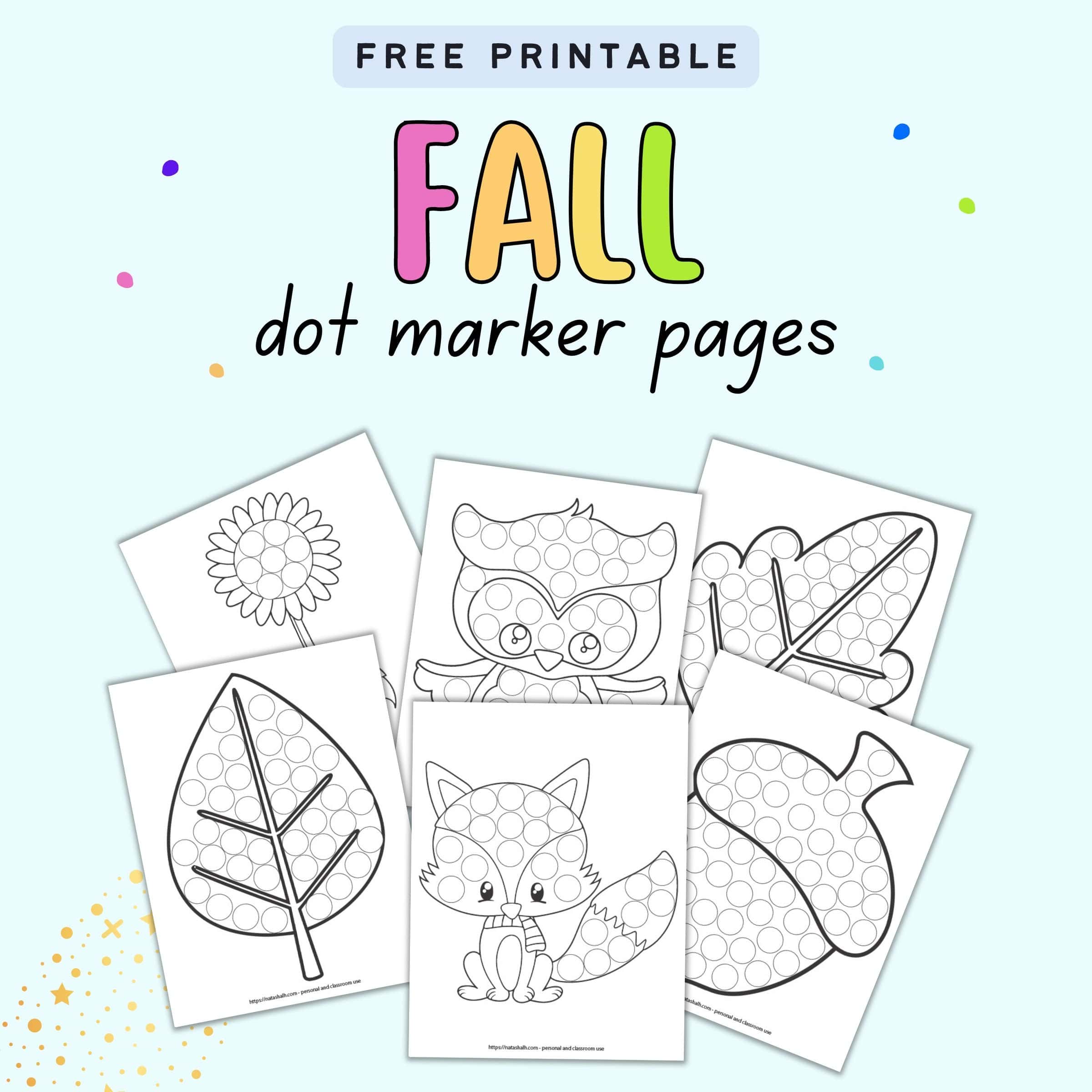 Text "free printable fall dot marker pages" with a preview of six dot marker pages for fall