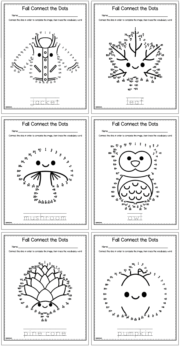 A preview of six connect the dots pages with a fall theme. Images include: mushroom, owl, pine cone, pumpkin, jacket, and leaf