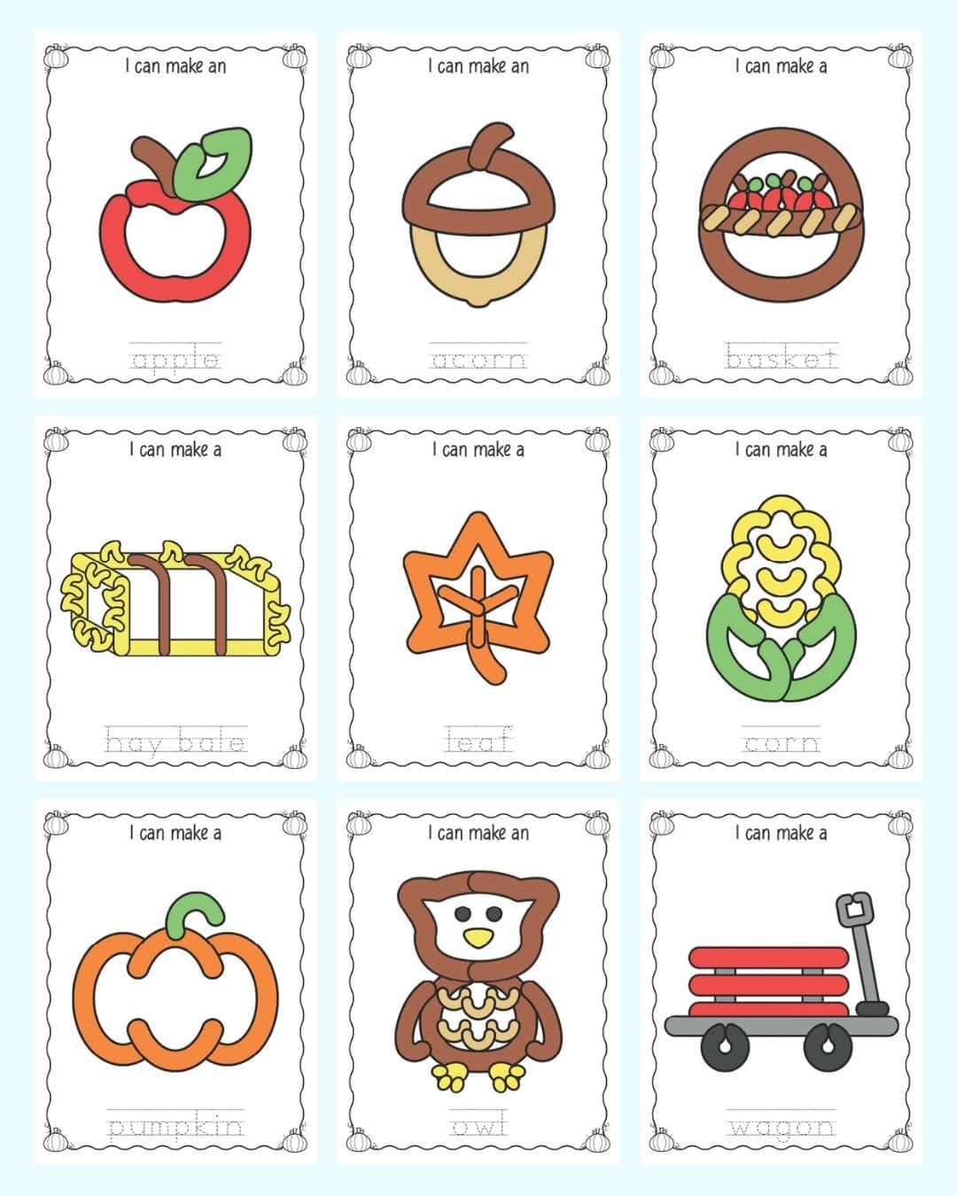 A grid with nine fall themed play dough mats. Images include: apple, acorn, basket, hay bale, leaf, corn, pumpkin, owl, and wagon