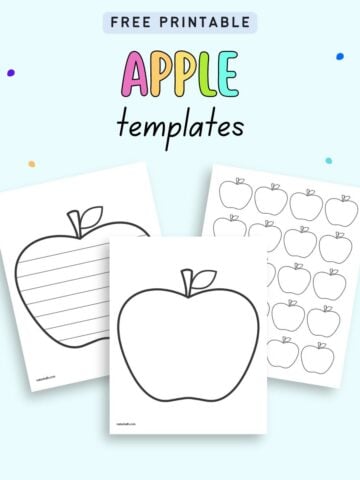 Text "free printable apple templates" with a preview of three printable pages. One has a large apple template, one has small apple templates, and the third page is writing paper