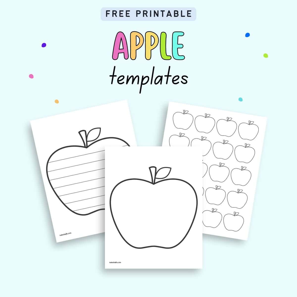 Text "free printable apple templates" with a preview of three printable pages. One has a large apple template, one has small apple templates, and the third page is writing paper