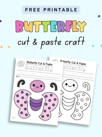 Text "free printable butterfly cut and paste craft" with a preview of a black and white and a color butterfly cut and paste craft with space to practice writing the word "butterfly"