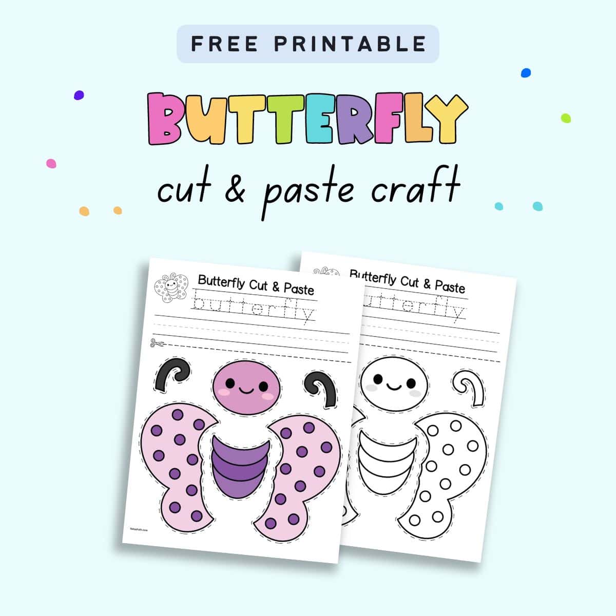 Text "free printable butterfly cut and paste craft" with a preview of a black and white and a color butterfly cut and paste craft with space to practice writing the word "butterfly"