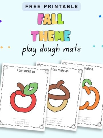 Text "free printable fall theme play dough mats" with a preview of three play dough mats. One shows an apple, another an acorn, and the third a pumpkin